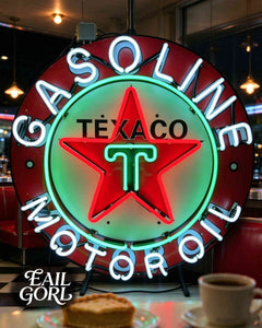 Vintage TEXACO Gasoline Neon Light neon sign, close-up of the glass tubing