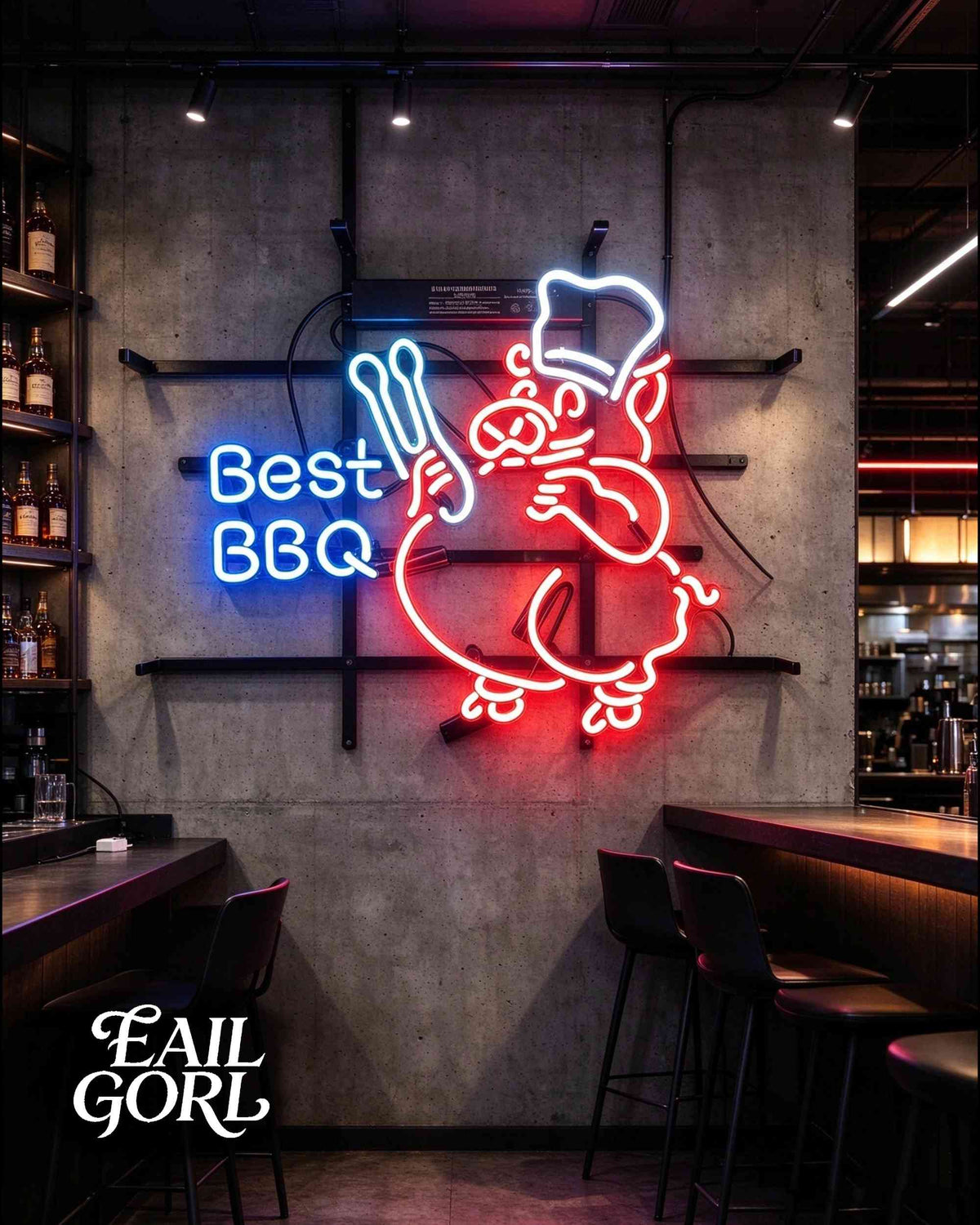 Best BBQ Chef Pig Neon Sign, close-up of the glass tubing