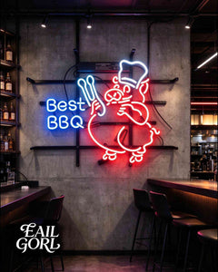 Best BBQ Chef Pig Neon Sign, close-up of the glass tubing