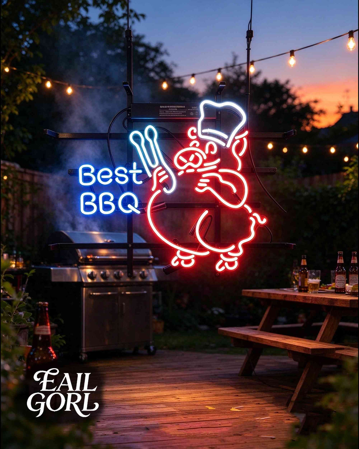 Best BBQ Chef Pig Neon Sign, in a room