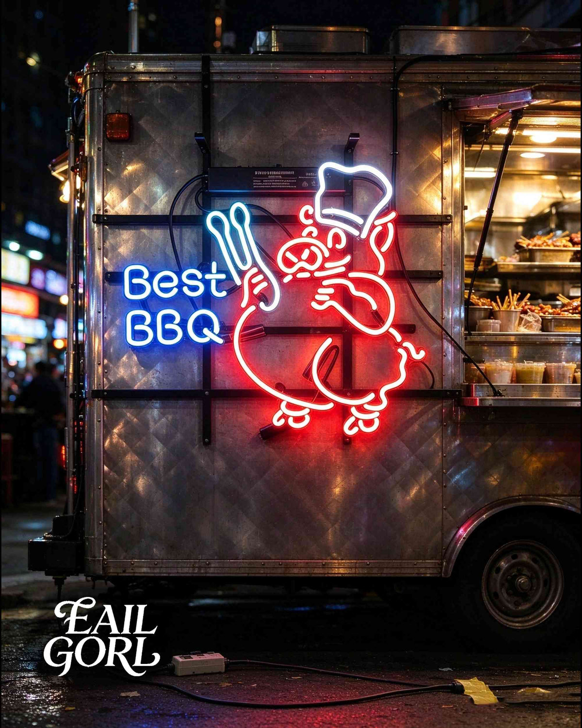 Best BBQ Chef Pig Neon Sign, on a wall