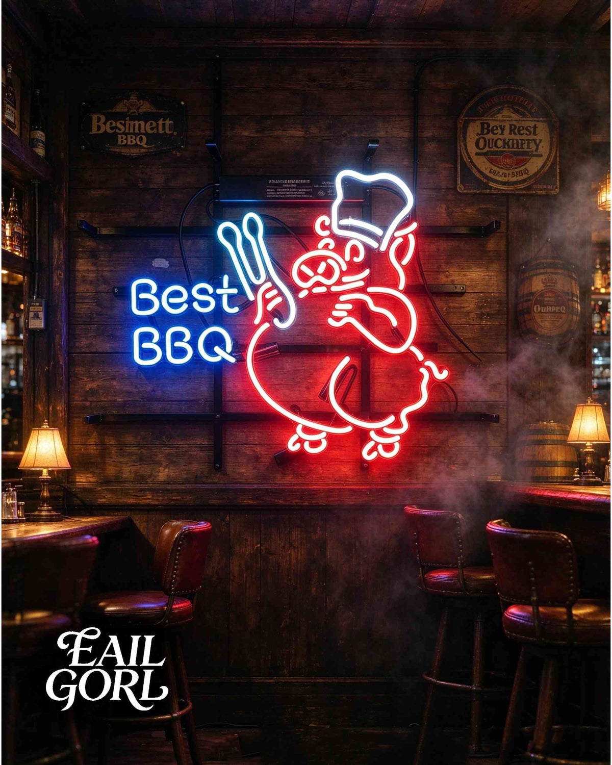 Best BBQ Chef Pig Neon Sign, detail