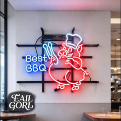 Best BBQ Chef Pig Neon Sign, lit