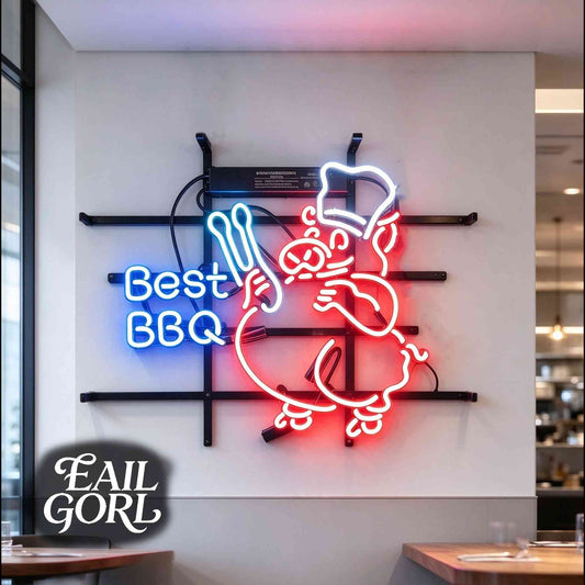 Best BBQ Chef Pig Neon Sign, lit