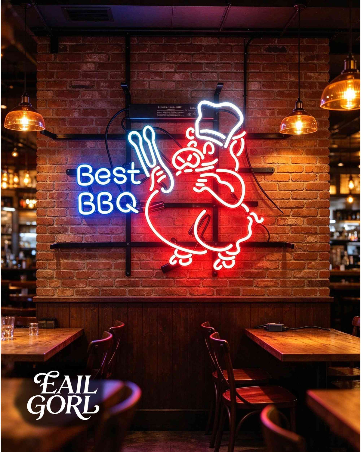 Best BBQ Chef Pig Neon Sign, front view