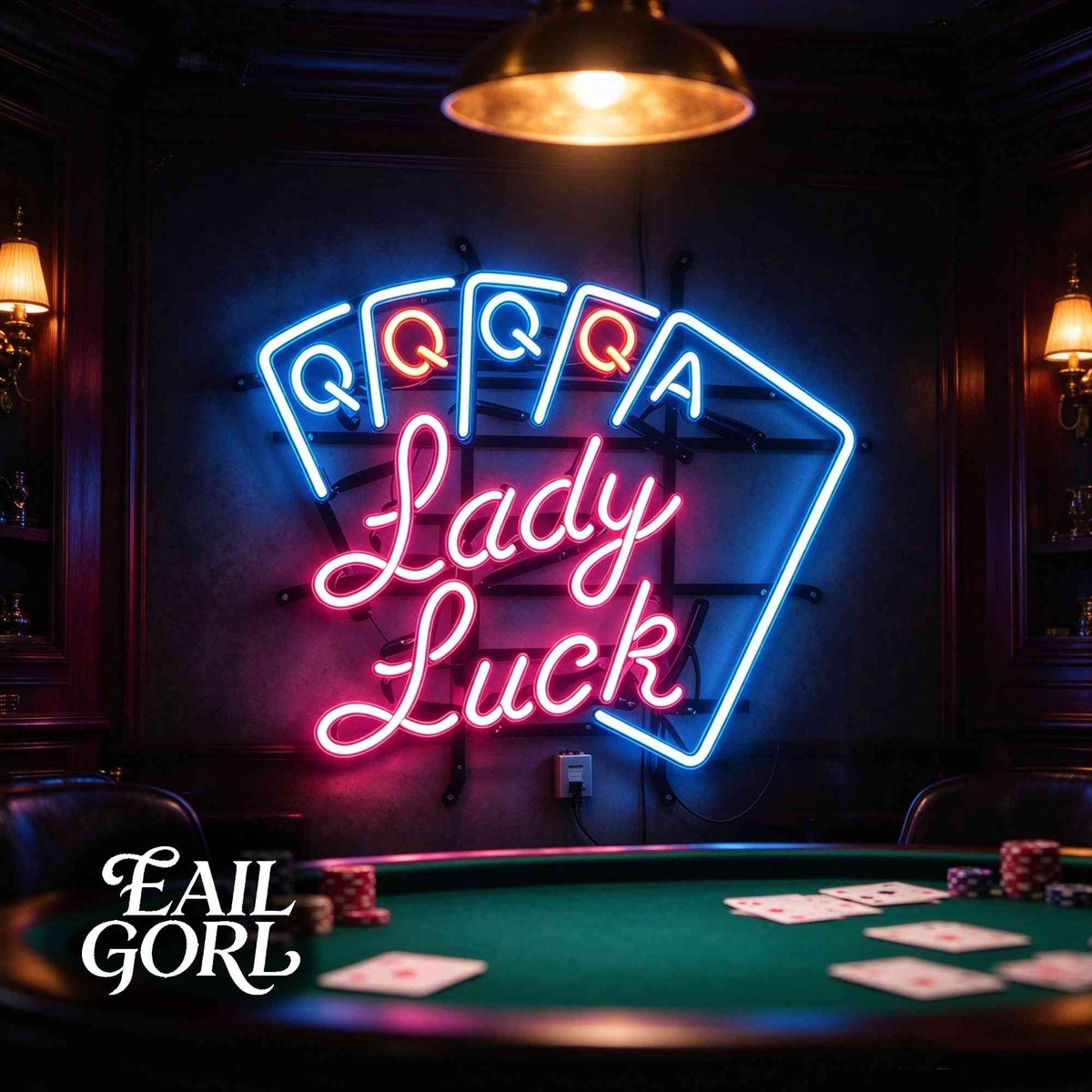 Lady Luck Neon Sign, close-up of the glass tubing