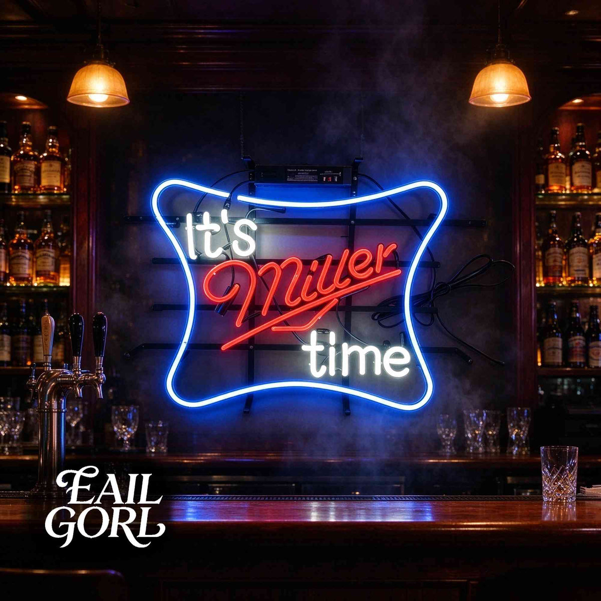 It's Miller Time Neon Sign, lit