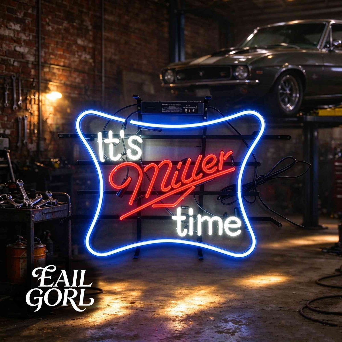 It's Miller Time Neon Sign, in a room