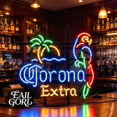 Corona Extra Palm and Flamingo Neon Sign, lit