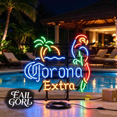 Corona Extra Palm and Flamingo Neon Sign, close-up of the glass tubing