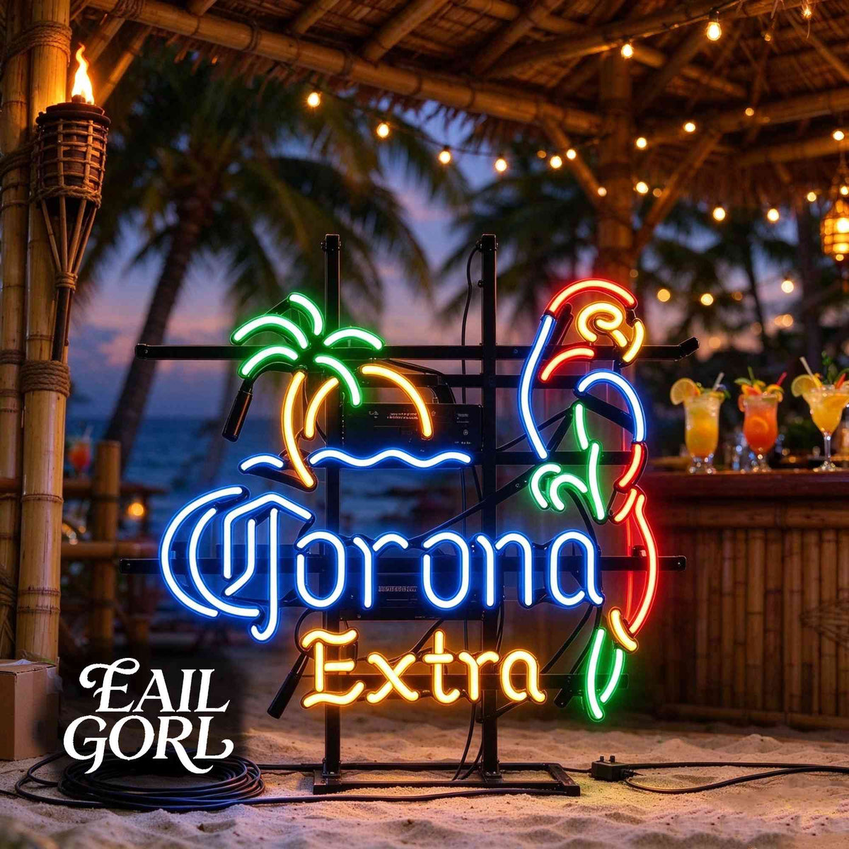 Corona Extra Palm and Flamingo Neon Sign, in a room