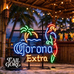 Corona Extra Palm and Flamingo Neon Sign, in a room