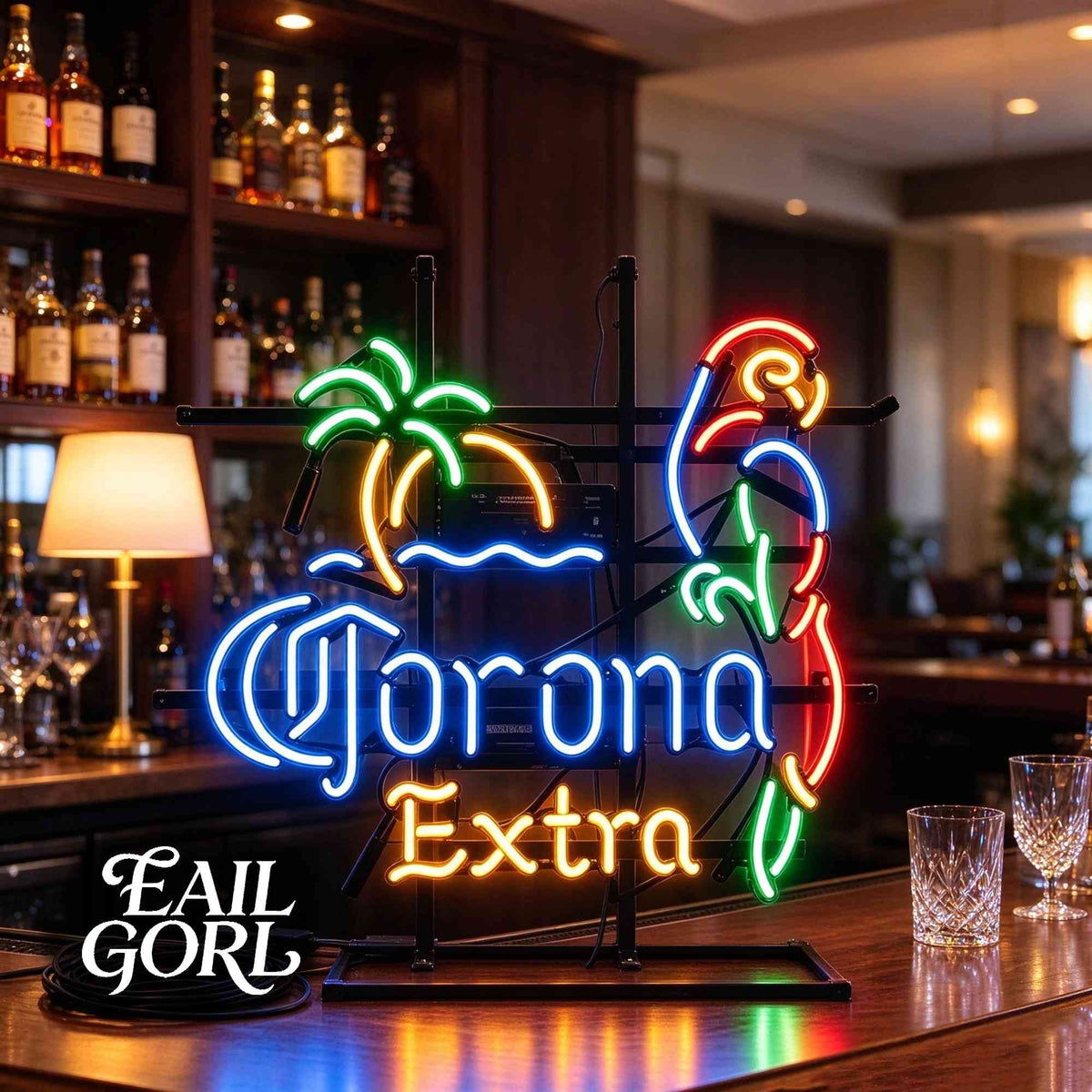 Corona Extra Palm and Flamingo Neon Sign, on a wall
