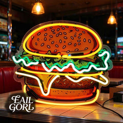 Hamburger Neon Sign, lit