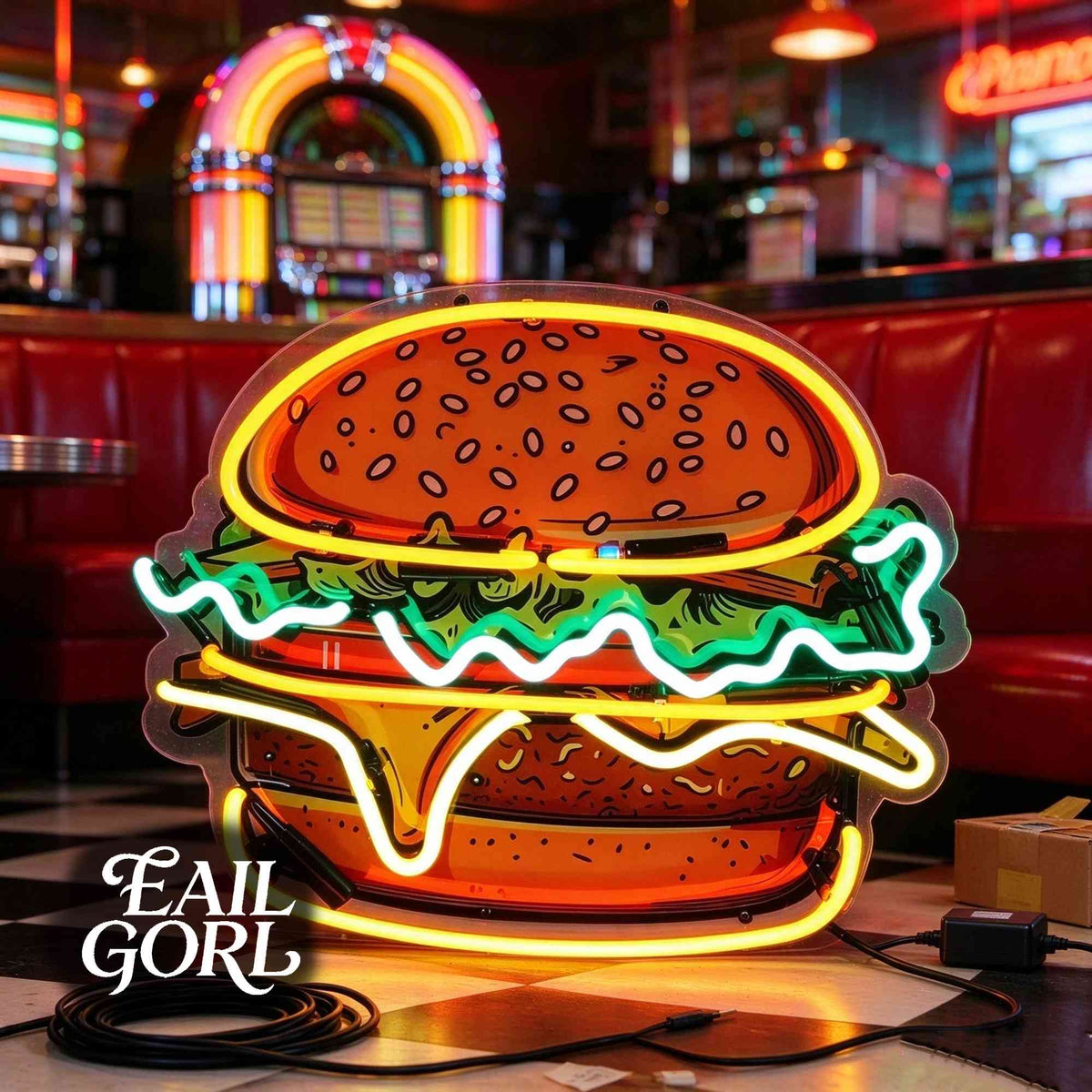 Hamburger Neon Sign, close-up of the glass tubing