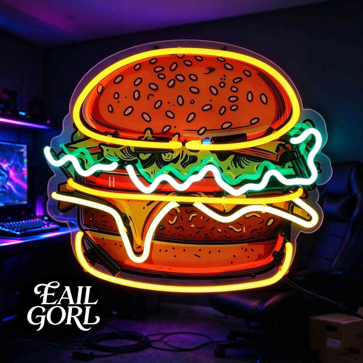 Hamburger Neon Sign, on a wall