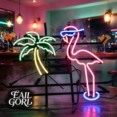 Palm Tree and Flamingo Neon Sign, lit