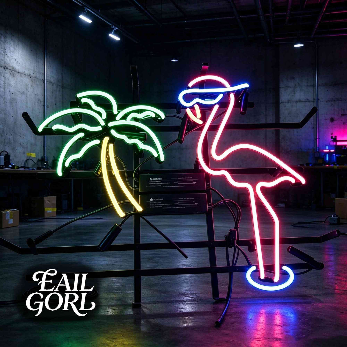 Palm Tree and Flamingo Neon Sign, close-up of the glass tubing