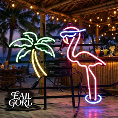 Palm Tree and Flamingo Neon Sign, in a room