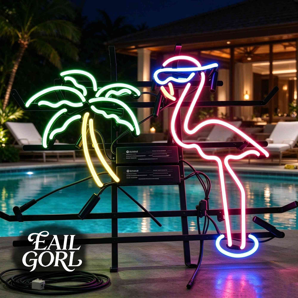Palm Tree and Flamingo Neon Sign, on a wall