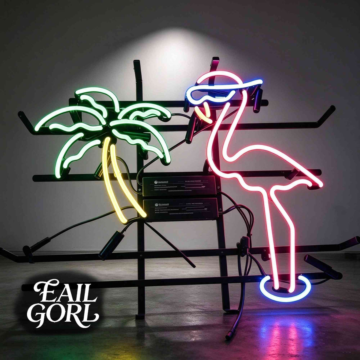Palm Tree and Flamingo Neon Sign, wide view