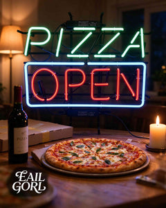 Pizza Open Neon Sign, lit