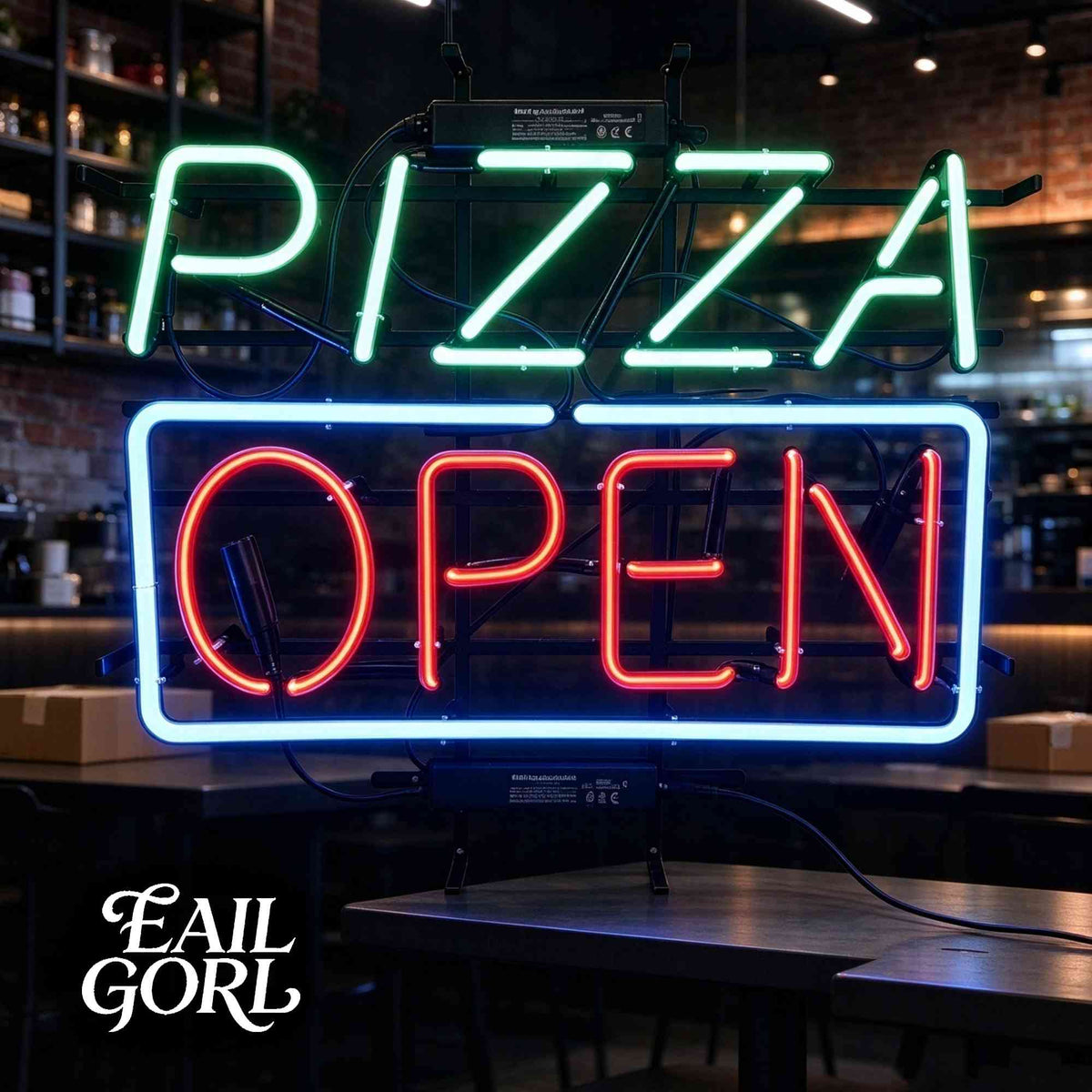 Pizza Open Neon Sign, close-up of the glass tubing