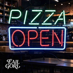 Pizza Open Neon Sign, close-up of the glass tubing