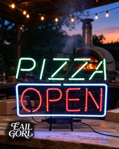 Pizza Open Neon Sign, in a room