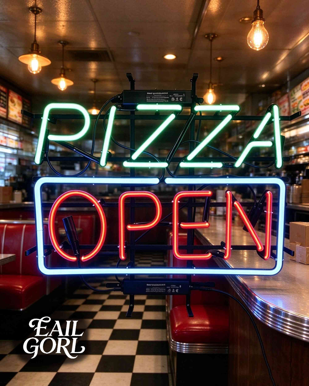 Pizza Open Neon Sign, on a wall