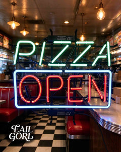 Pizza Open Neon Sign, on a wall