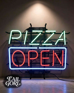 Pizza Open Neon Sign, angle view