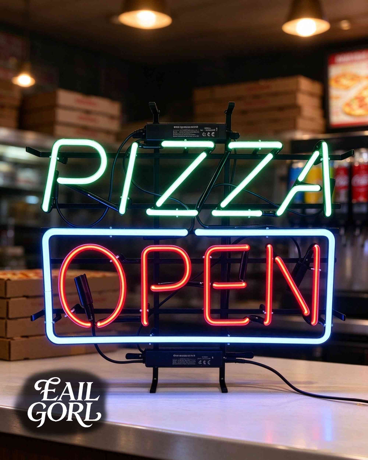 Pizza Open Neon Sign, wide view