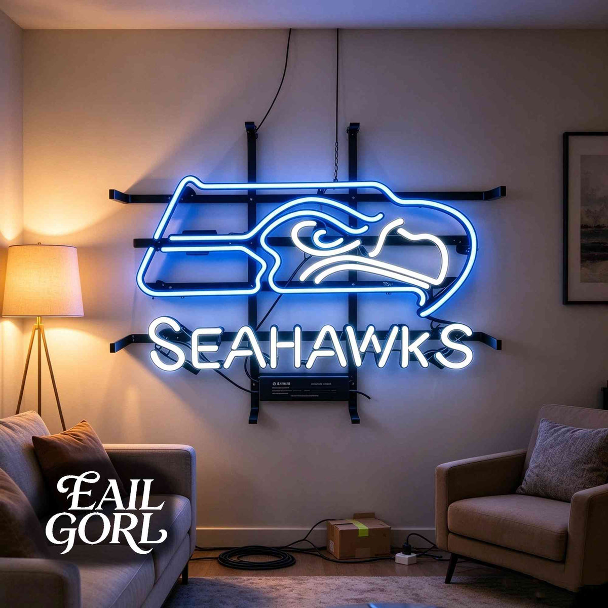 Seattle Seahawks Football Neon Sign, close-up of the glass tubing
