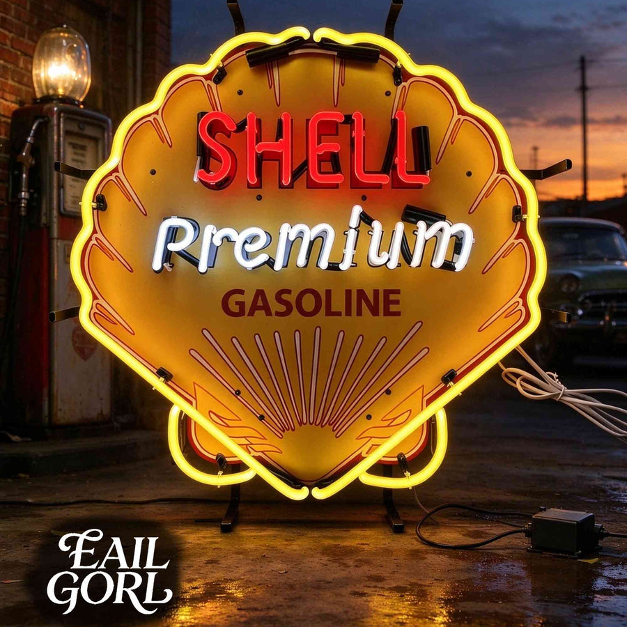 Vintage Shell Premium Gasoline Neon Sign, lit