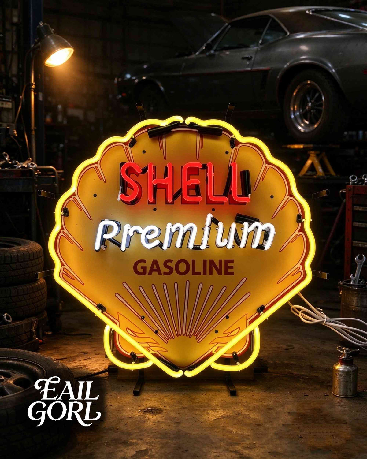 Vintage Shell Premium Gasoline Neon Sign, close-up of the glass tubing