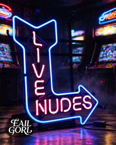 Live Nudes Neon Sign, on a wall