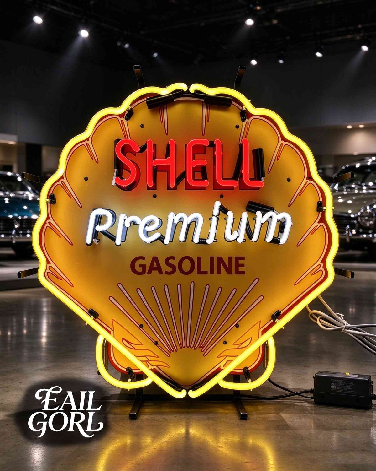 Vintage Shell Premium Gasoline Neon Sign, in a room