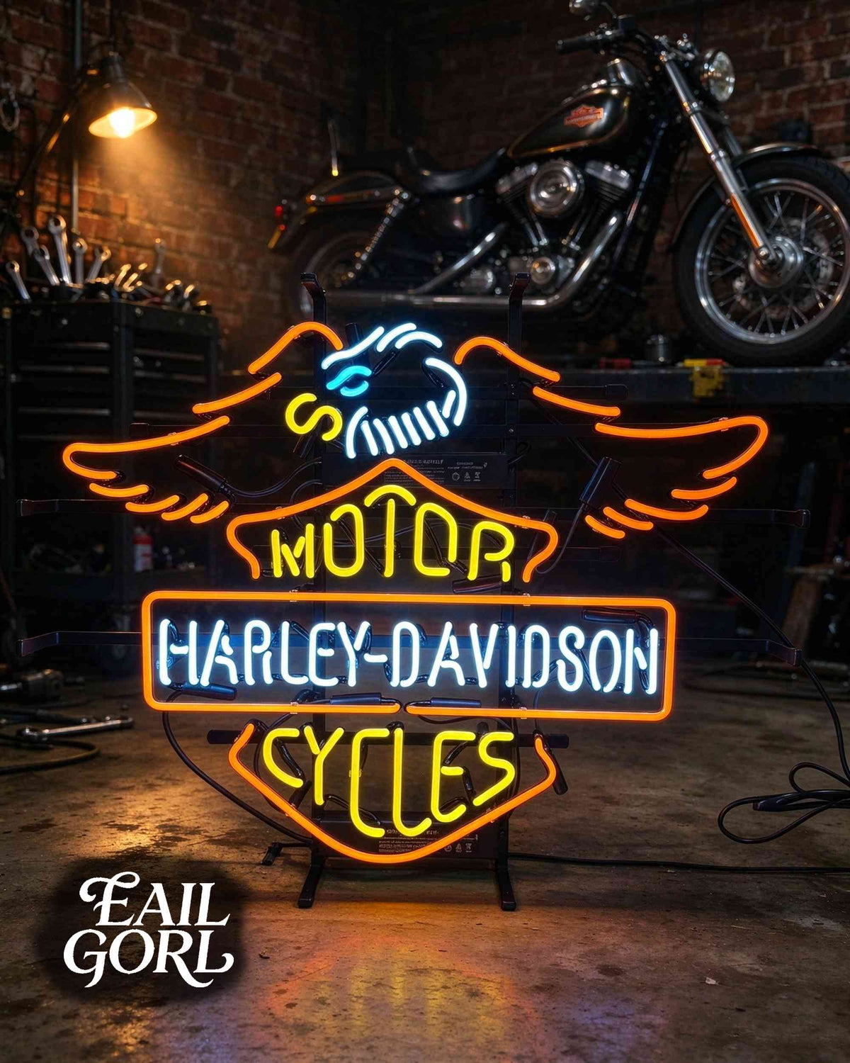 Harley-Davidson Motorcycles Neon Sign, in a room
