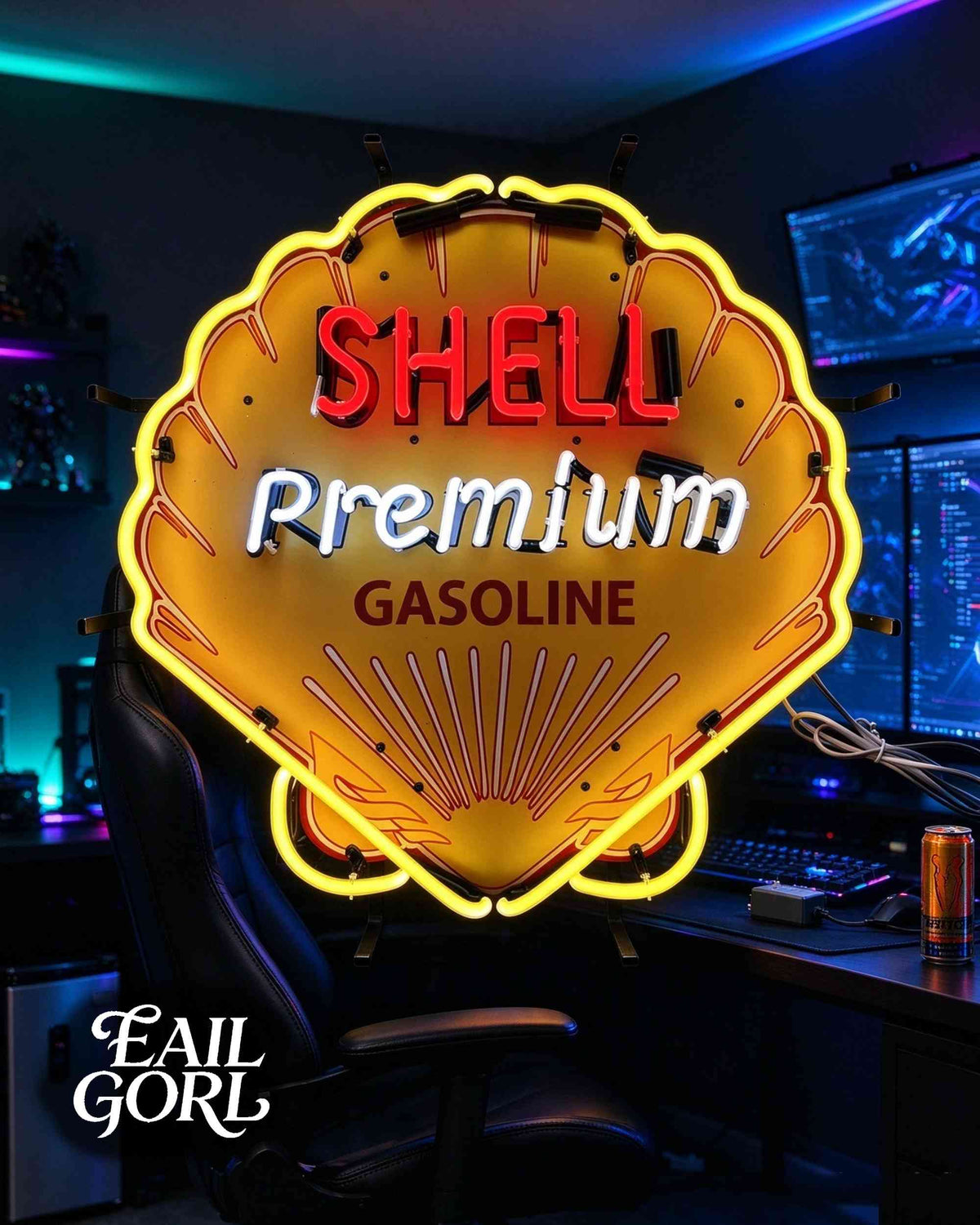 Vintage Shell Premium Gasoline Neon Sign, on a wall