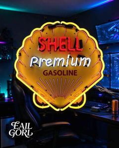 Vintage Shell Premium Gasoline Neon Sign, on a wall
