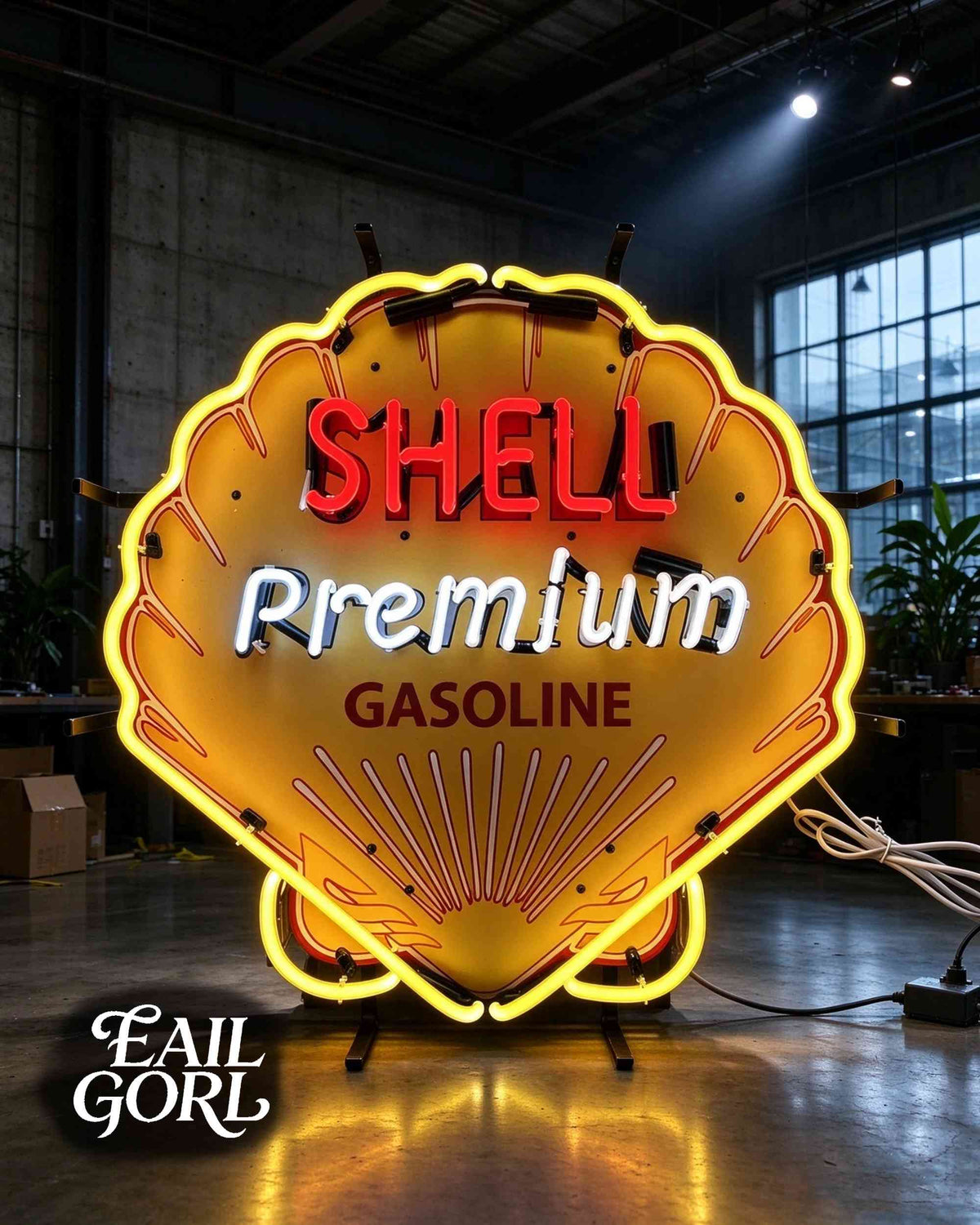 Vintage Shell Premium Gasoline Neon Sign, wide view