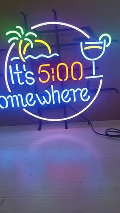 It's 5 O'Clock Somewhere Neon Sign - Tropical Clock Light for Home Bar & Patio